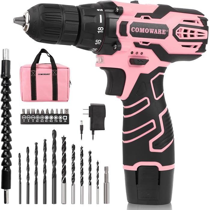 COMOWARE Pink Cordless Drill Set for Women, 12V Lightweight Electric Screwdriver with 3/8" Keyles... | Amazon (US)