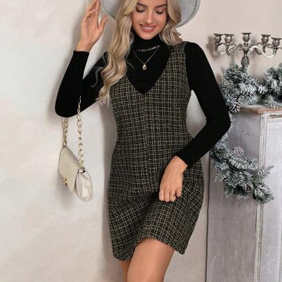 New Years Women Dress Black & White Tweed Fabric Overall Pinafore Dress For Women,Short Style, Autumn/Winter | SHEIN
