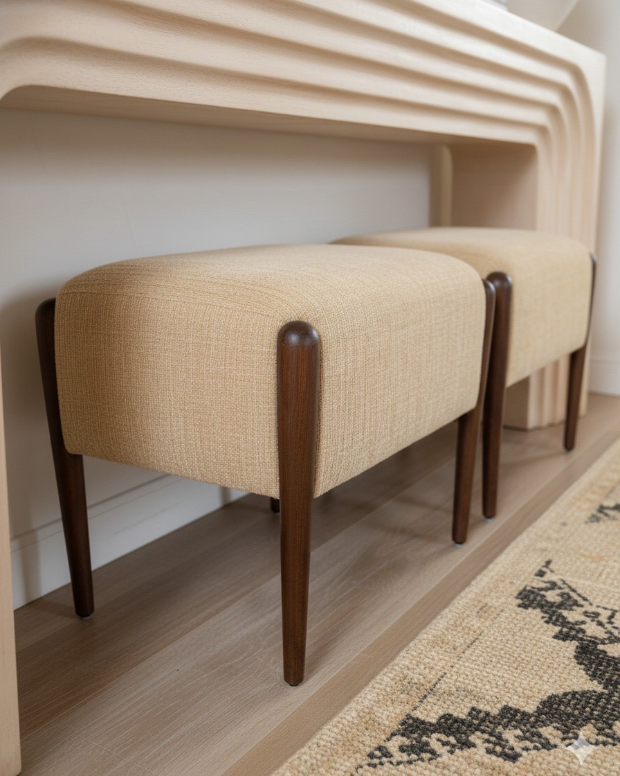 A warm and textural foyer that blends sculptural lines with soft, neutral tones.
The natural wood console table features layered, carved edges in a light sand finish, adding organic movement and a modern coastal feel. Beneath it, a pair of bouclé inspired upholstered stools in a warm camel beige bring softness and contrast with their dark walnut legs.

On top of the console, ivory ceramic vases and a matte white sculptural bust add curated texture, while a ribbed white table lamp introduces subtle dimension and soft ambient light. The large abstract wall art ties the palette together with warm taupe, sandstone, charcoal, and cream brushstrokes, framed in a sleek brushed gold frame for a touch of understated shine.

A woven jute runner in tan and black geometric patterns grounds the space with natural texture, and the brass globe sconces cast a warm glow that highlights every material detail.

✨ Shop the look:
• Light sand carved wood console table
• Camel beige upholstered stools with walnut legs
• Textured ivory ceramic vases
• Sculptural matte white torso decor
• Ribbed white modern table lamp
• Taupe + charcoal abstract art in brushed gold frame
• Tan and black geometric jute runner
• Brass round globe wall sconces

#LTKsale #LTKhome #LTKstyletip