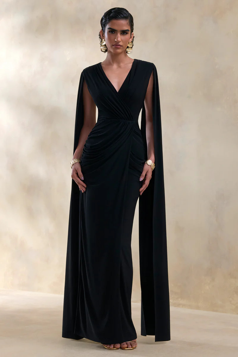 Ulissia  Black V-Neck Maxi Dress With Cape-Sleeves | Club L London