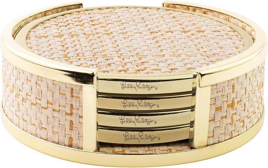 Lilly Pulitzer Gold and Raffia Coasters for Drinks with Holder, Cute Coaster Set of 4, Decorative... | Amazon (US)