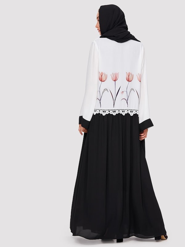 Lace Detail Flower Print Two Tone Abaya | SHEIN