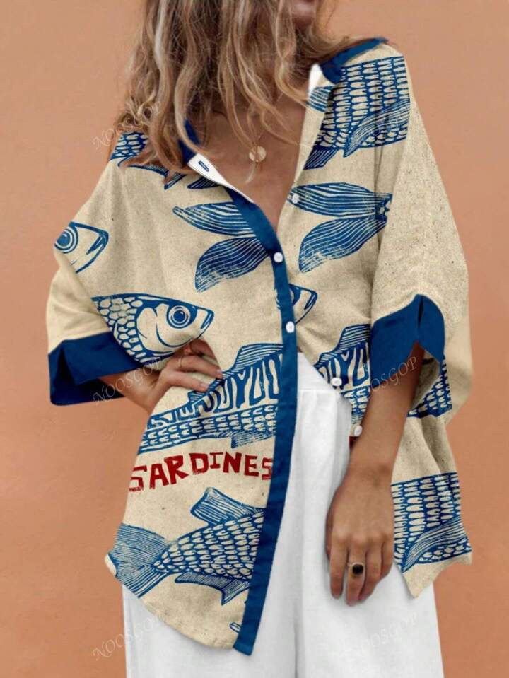 Minimalana Beach Wear For Women Spring And Summer Oversized Fashion Casual Resort Style Tropical Sardine Random English Printed Short-Sleeved Shirt | SHEIN