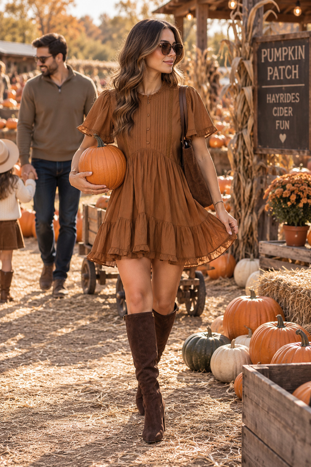 This warm copper mini is exactly what I want to wear to a pumpkin patch. The soft ruffles, pintuck details, flutter sleeves, and easy silhouette make it cute but still comfortable for a full fall day out. Pair it with tall suede boots for the prettiest pumpkin patch outfit.
#ASTRTheLabel #PumpkinPatchOutfit #FallMiniDress #BrownDress #FallOutfit #AutumnStyle #FallFashion #PumpkinPatchStyle #FallBoots #CuteFallOutfit 

 #LTKSeasonal #LTKU #LTKSaleAlert