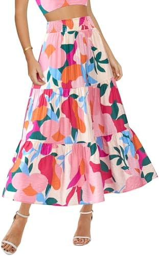 BTFBM Skirts for Women Summer 2026 Floral Print A Line Elastic High Waist Boho Maxi Skirt Spring ... | Amazon (US)