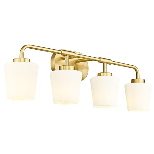 Audickic Bathroom Light Fixtures Over Mirror, 4-Light Brushed Gold Vanity Lighting Fixtures with Milk White Glass, Farmhouse Champagne Bronze Wall Sconces Lighting, AD-22004-4W-GD | Amazon (US)