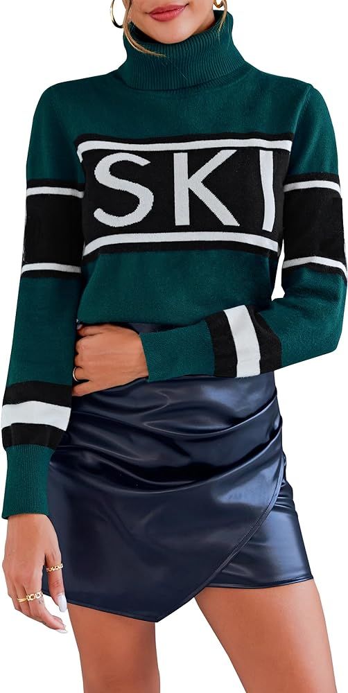 Women Turtleneck Sweater Striped Color Block Tops Casual Ski Sweaters Tight Knit 2024 Outfits The... | Amazon (US)
