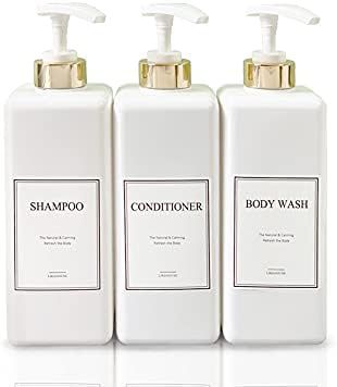 ORRDA Refillable Shampoo and Conditioner Dispenser Empty, 4 Waterproof Label Sticker,Shower Plastic  | Amazon (US)