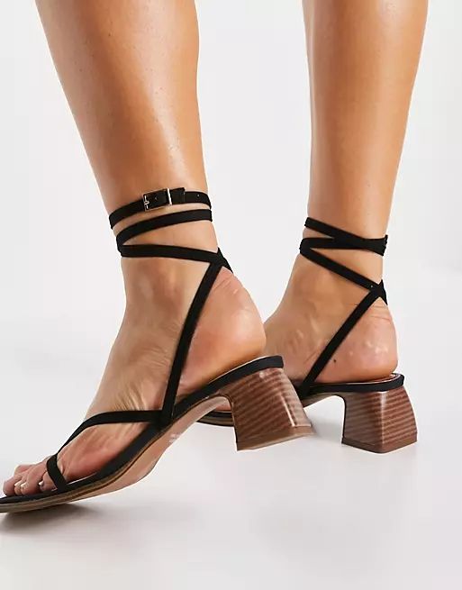 ASOS DESIGN Hana toe thong mid heeled sandals in black | ASOS (Global)