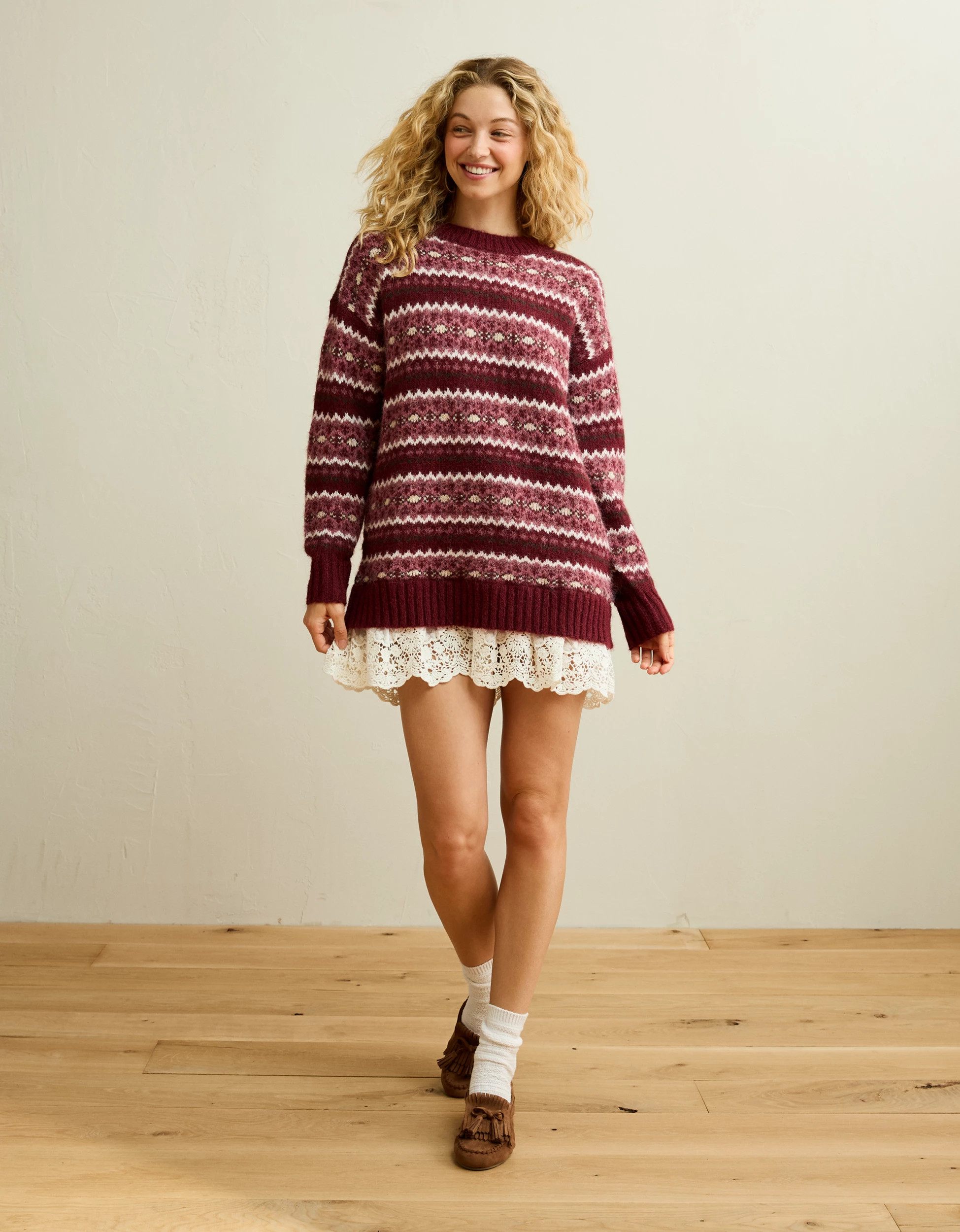 AE Oversized Sweater Lace-Trim Mini Dress | American Eagle Outfitters (US & CA)