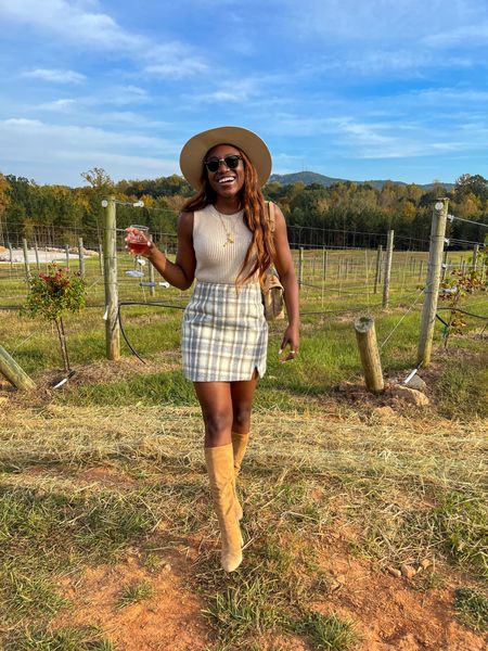 What to wear to a vineyard this fall // plaid mini skirt // tall boots 

#LTKunder100 #LTKSeasonal #LTKstyletip