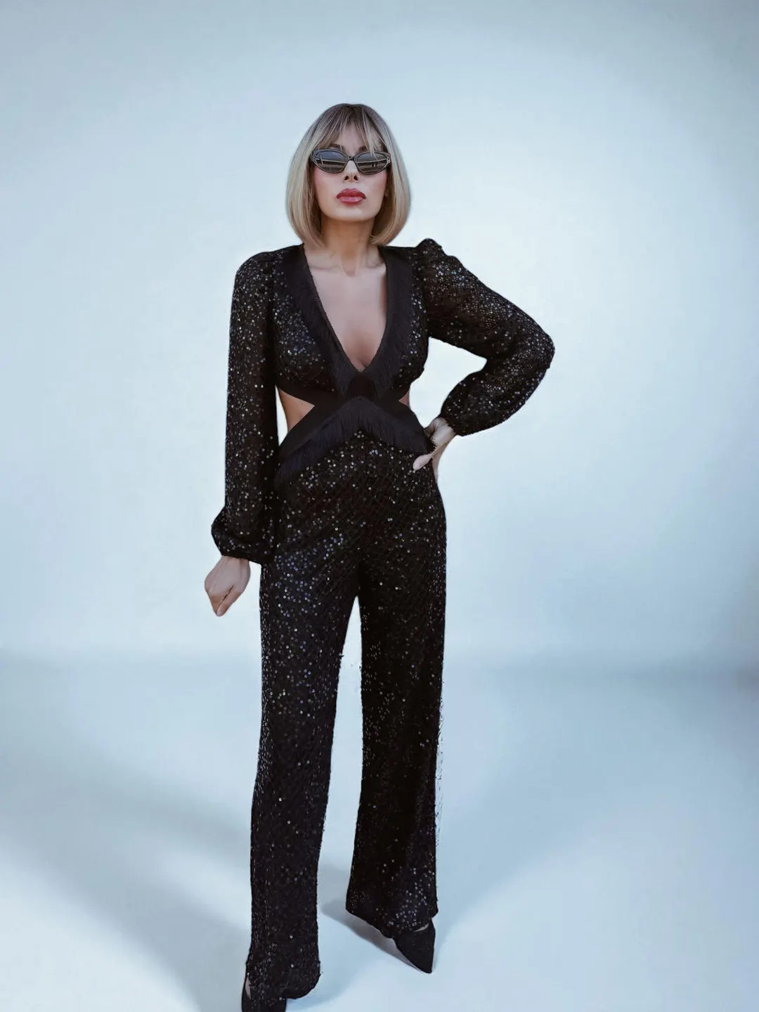 Black Sequin Cut Out Tassel Jumpsuit: 70s Disco Cowgirl Costume, Disco Queen Costume, Western Gla... | Etsy (US)