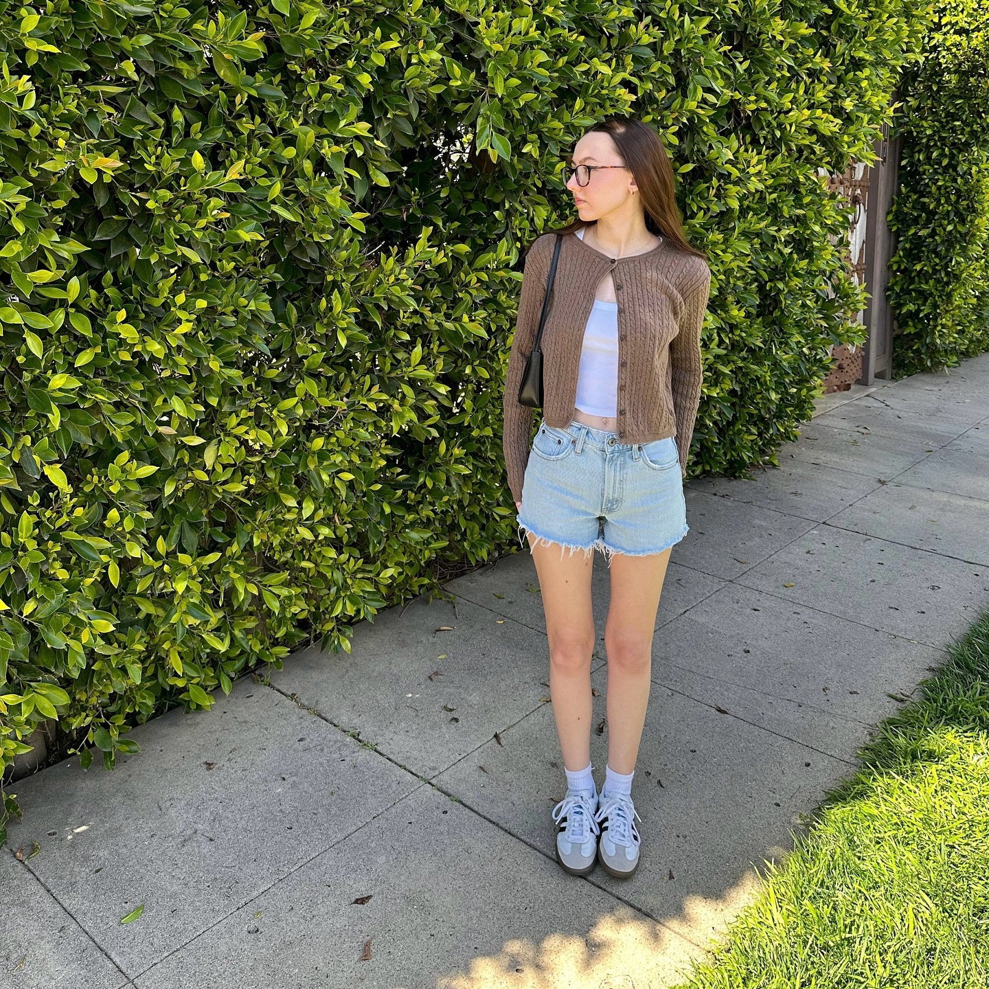 outfit 1 - cardigan: brandy melvile, tank: hollister, shorts: A&F, shoes: adidas, purse: brandy melville