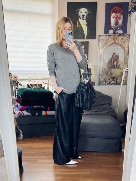 I’m wearing my new @hm wide leg trousers. I was asked a few times whether they makes noises when you walk which can be an issue with leather and faux leather but these are very soft, pliable, and drapey so they don’t make any noise. I paired it with my secondhand cashmere sweater and vintage fringed bucket bag. Boots are a Zara short kitten heel that have an 80s vibe.
•
.  #summerlook  #torontostylist #StyleOver40  #hmXme #secondhandFind #fashionstylist #FashionOver40  #MumStyle #genX #genXStyle #shopSecondhand #genXInfluencer #WhoWhatWearing #genXblogger #secondhandDesigner #Over40Style #40PlusStyle #Stylish40s #styleTip  #secondhandstyle 


#LTKover40 #LTKstyletip #LTKSeasonal