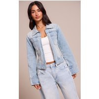 Petite Light Blue Denim Front Zip Fitted Jacket | PrettyLittleThing US