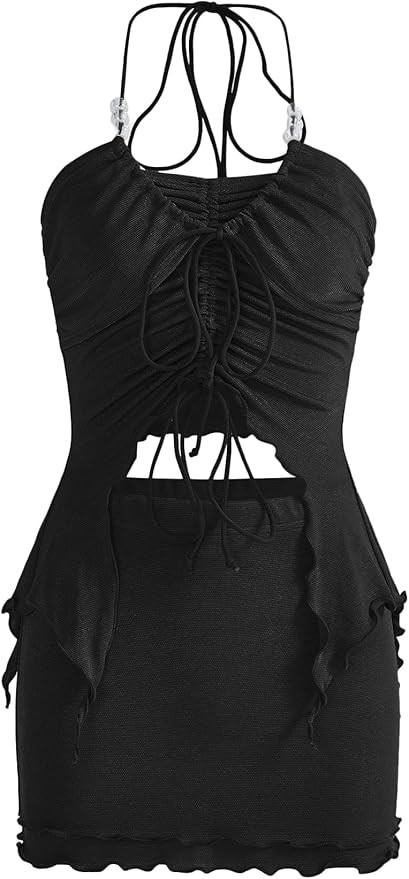 Verdusa Women's 2 Piece Drawstring Asymmetrical Ruched Crop Halter Top and Skirt Set | Amazon (US)