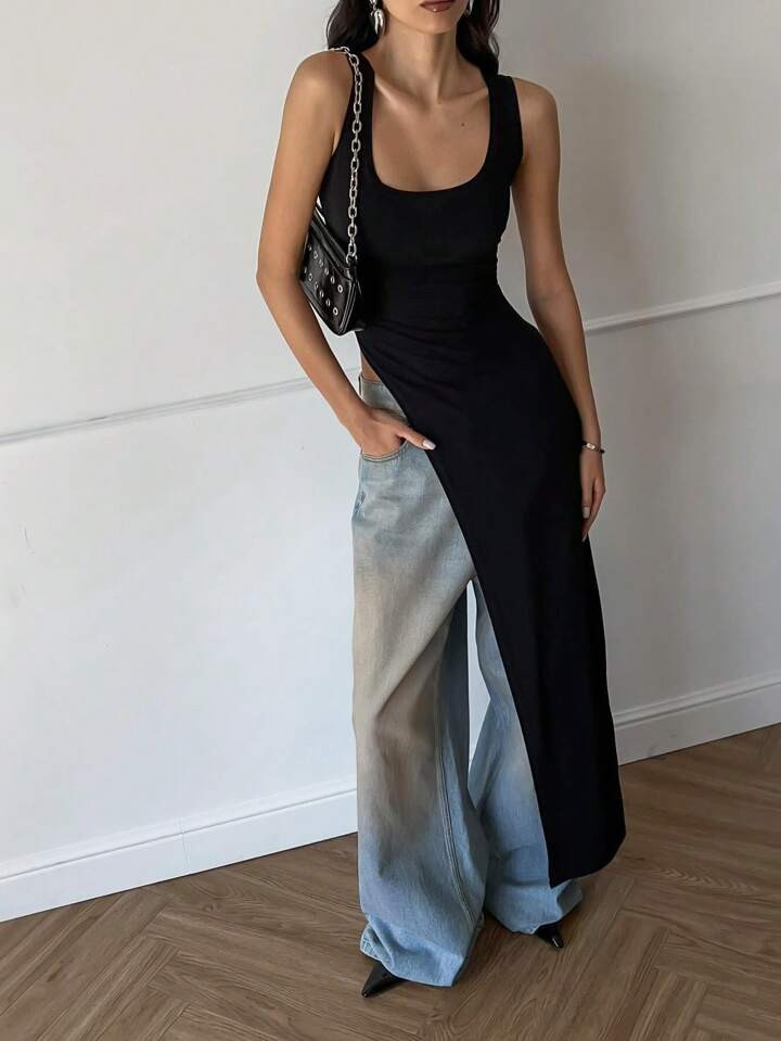 Siren Gaze New Spring Summer Sleeveless Dark Style Super Long Split Hem Women's Tank Top | SHEIN