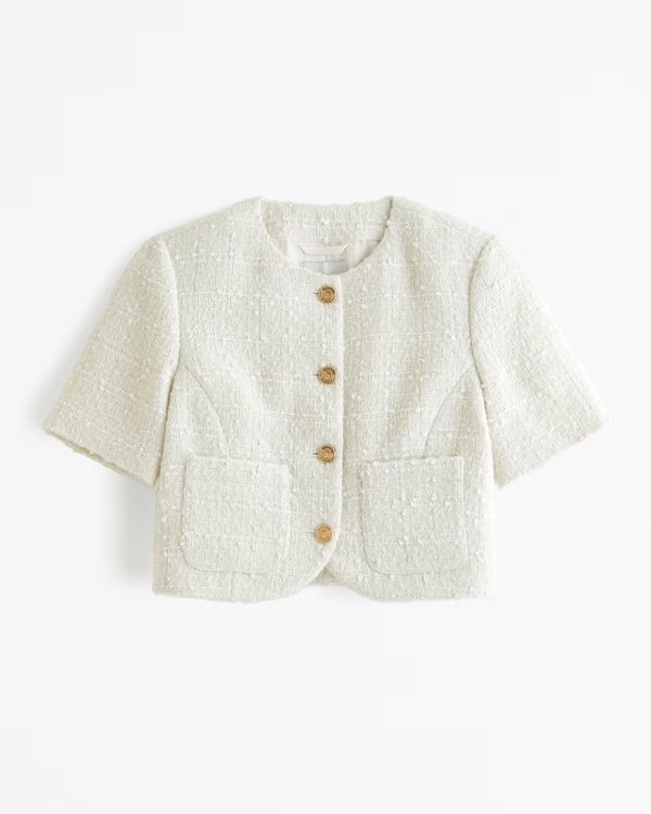 Women's Short-Sleeve Collarless Tweed Jacket | Women's New Arrivals | Abercrombie.com | Abercrombie & Fitch (US)