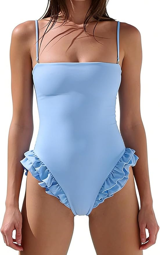 Sunloudy One Piece Ruffles Swimsuit Women Cut Out Back Monokini Bathing Suit Spaghetti Strap Squa... | Amazon (US)