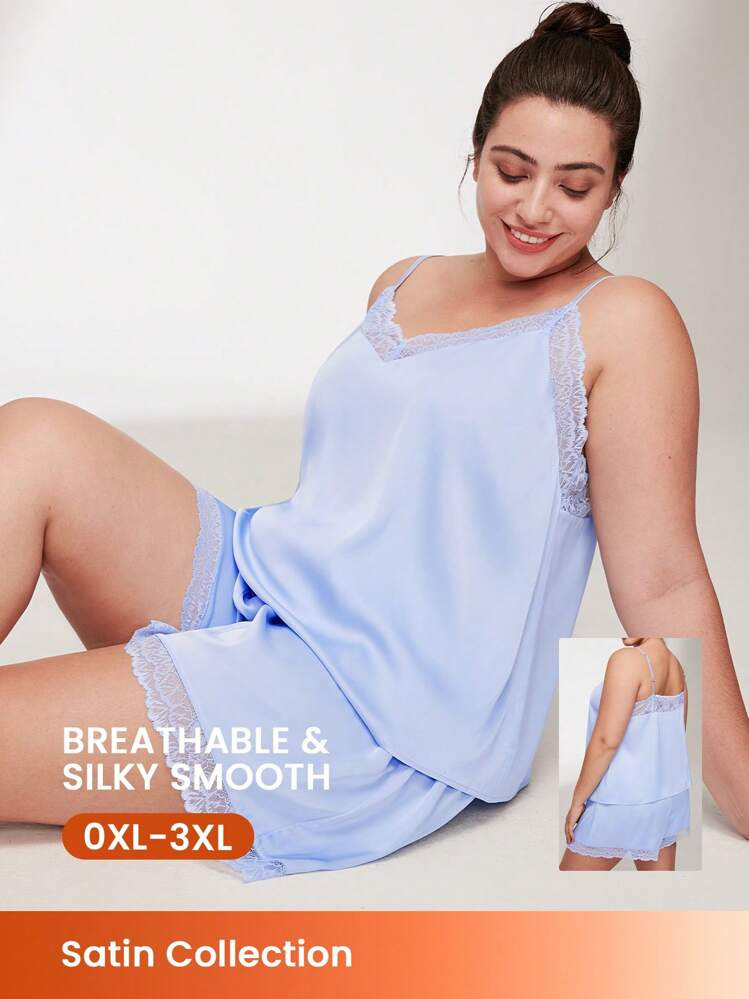 LUVLETTE Plus Blue Silky Satin Luxurious Lace Elegance Trim V-Neck Camisole Top & Shorts Bridal L... | SHEIN