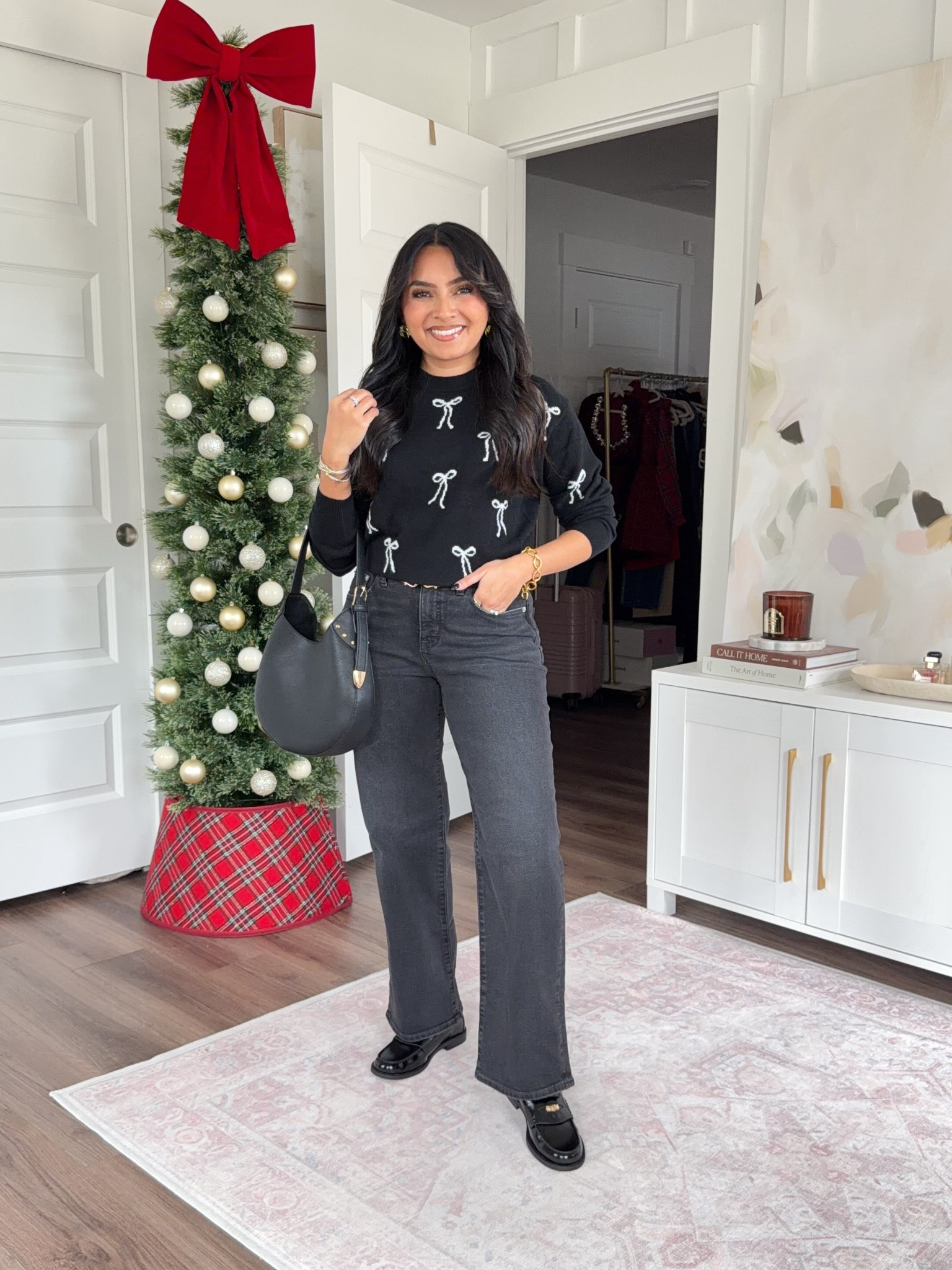 Bow sweater size xxs regular TTS
Washed black slim wide leg jeans size 26 petite TTS
Black loafers size 5 TTS

#LTKHoliday #LTKSaleAlert #LTKPetite