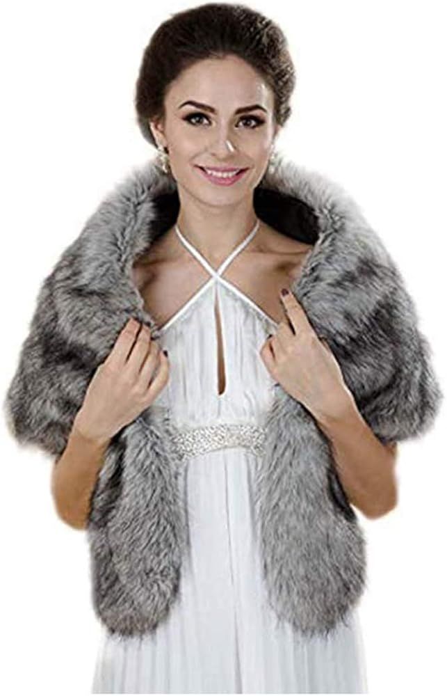 Aukmla Women's Wedding Faux Fur Wraps and Shawls Bridal Fur Stoles Scarf with Rhinestones Brooch ... | Amazon (US)