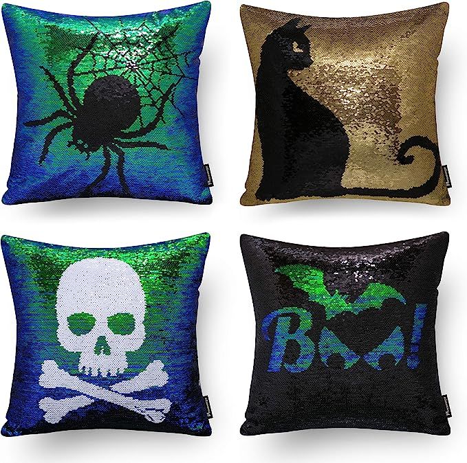 Ashler Halloween Set of 4 Magic Reversible Sequin Mermaid Throw Pillow Covers Spider&Cat&Skeleton... | Amazon (US)