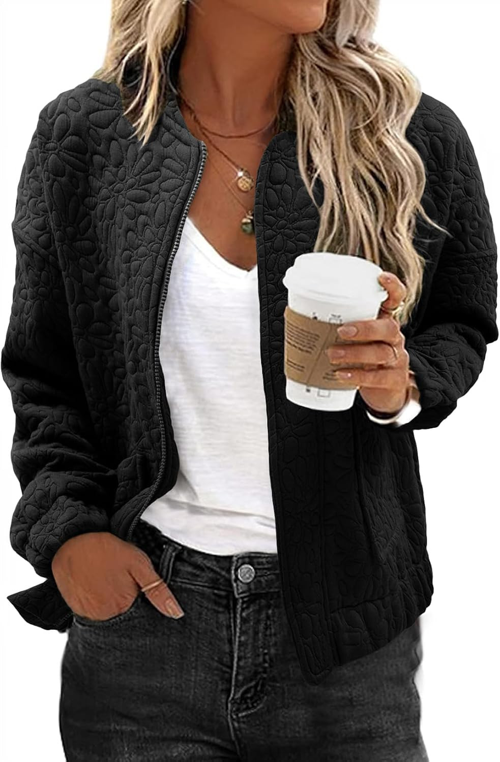 EVALESS Bomber Jacket Women Jacquard Zip Up Coat with Pockets | Amazon (US)
