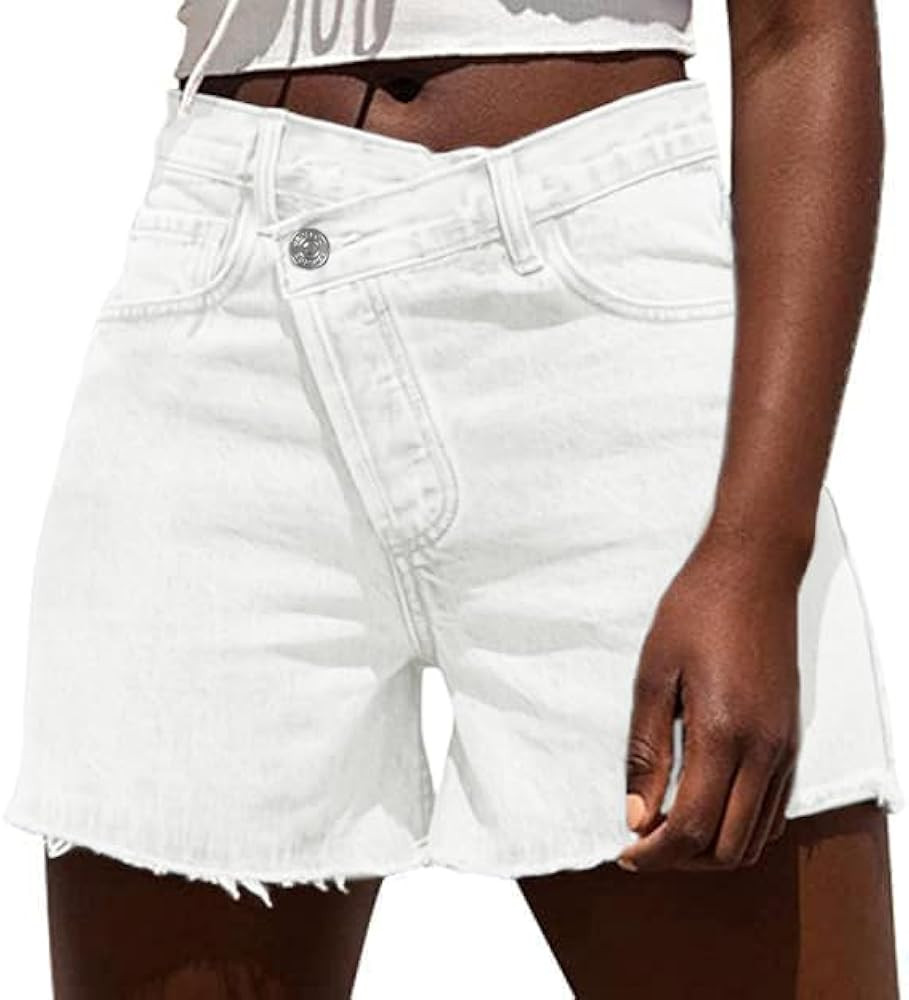 Genleck Womens Crossover Jean Shorts - Stretch High Waisted Trendy Denim Shorts Curvy Casual Summ... | Amazon (US)