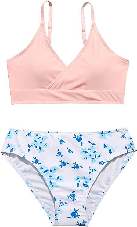 Romwe Gril's Floral Print Bikini Bathing Suit Wireless 2 Piece Swimsuit | Amazon (US)