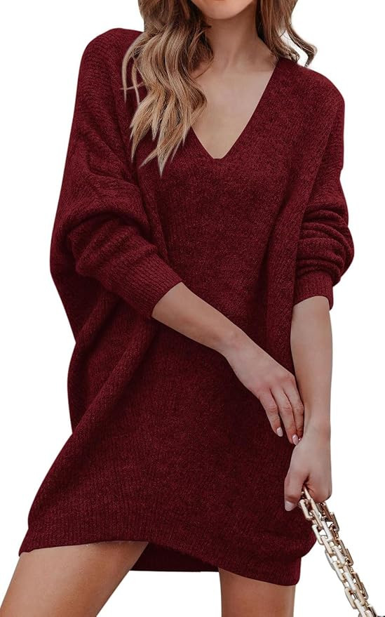 PRETTYGARDEN Women's Pullover Sweater Dress Casual Long Sleeve Ribbed Knit V Neck Loose Oversized... | Amazon (US)