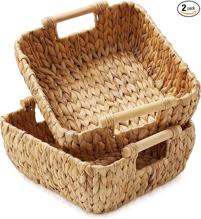 Casafield Set of 2 Water Hyacinth Oval Storage Baskets with Wooden Handles - Small, Woven Bin Org... | Amazon (US)