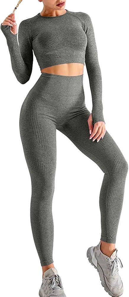 EUYZOU Womens Seamless 2 Piece Workout Set - High Waited Legging&Crop Tops Yoga Gym Outfits Sport... | Amazon (US)