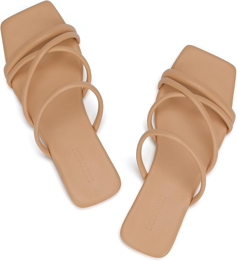Women's Flat Sandals Strappy Square Open Toe Slide Sandals Dressy Comfortable Wide Feet Friendly | Amazon (US)