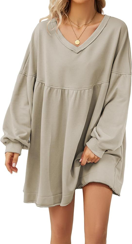 Dsewpaur V Neck Oversized Sweatshirt Mini Dress for Women Solid Casual Loose Pullover Tunic Drop ... | Amazon (US)