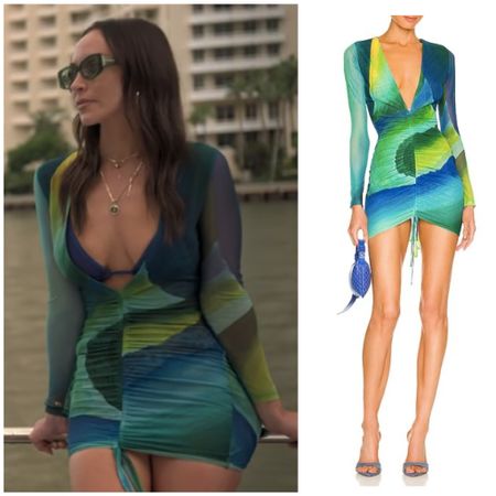 Farrah Aldjufrie’s Blue and Green Printed Cover Up Dress on Buying Beverly Hills Season 2 Episode 6
