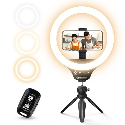 UBeesize 10" Selfie Ring Light with Tripod Stand & Cell Phone Holder, Dimmable Desktop LED Circle Light for Live Streaming/Makeup/YouTube/TIK Tok, Compatible with iOS and Android Phones Black | Amazon (US)
