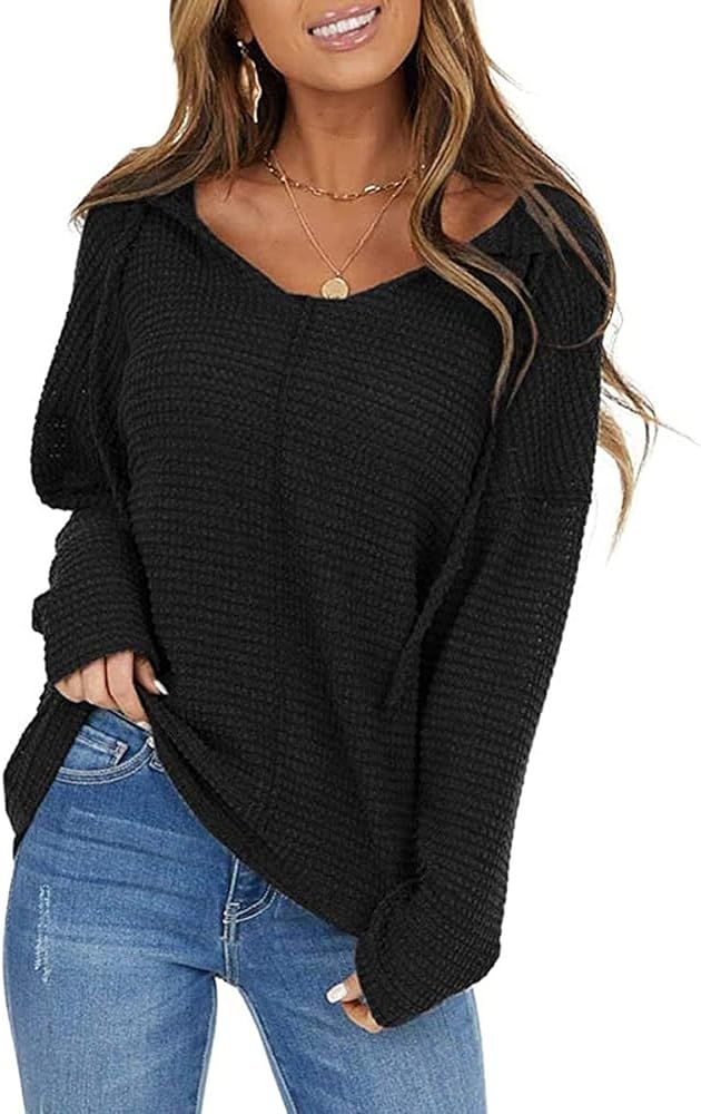 Niceyi Women's Loose Casual Long Sleeve Waffle Knit Sweatershirt Tops with Drawstring Hood Sweate... | Amazon (US)