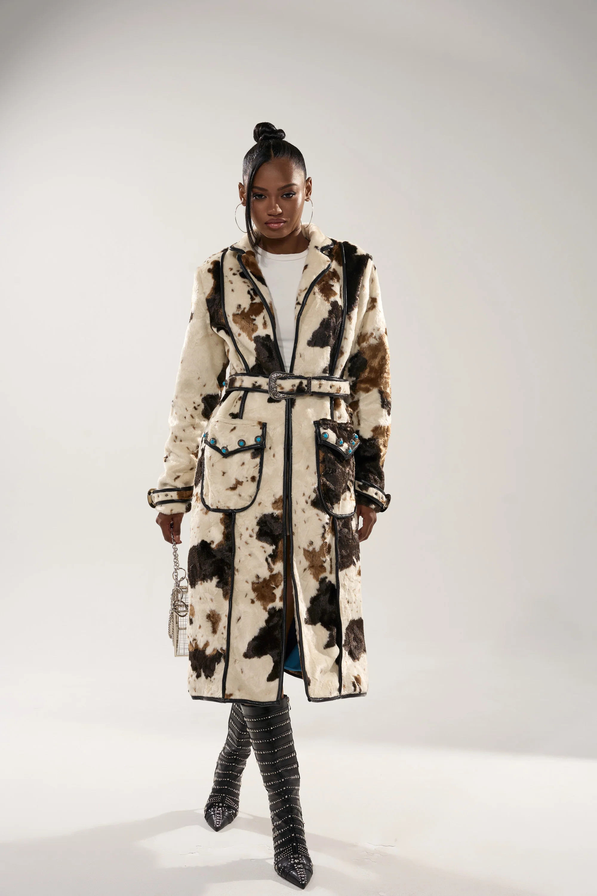 AKIRA Ride Em Cow Print Trench Coat | Brown | Size Small | AKIRA
