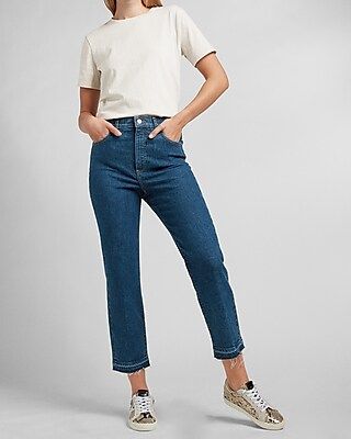 Super High Waisted Raw Released Hem Straight Jeans | Express