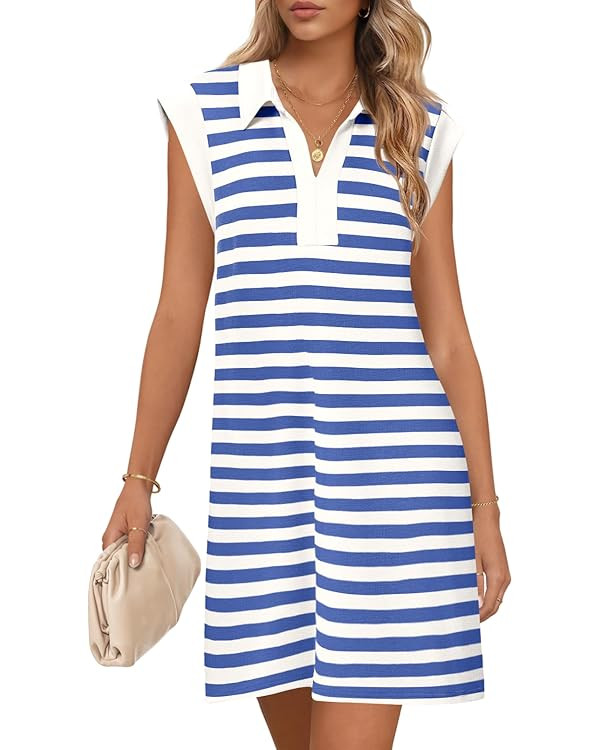 MEROKEETY Women's 2025 Summer Short Sleeve Mini Dress Casual Collared V Neck Loose T Shirt Dresse... | Amazon (US)