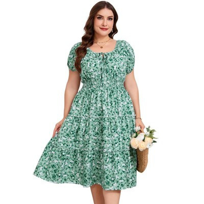 Garvee Women Plus Size Summer Floral Maxi Dress Short Sleeve Tie Square Neck Boho Flowy Tiered Smocked Ruffle Dresses Green 4XL | Target