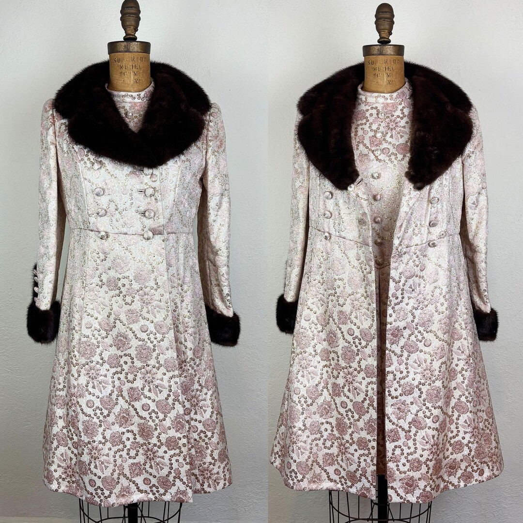 Vintage 60s Pink Metallic Dress and Coat Set with Mink Fur Collar and Cuffs S | Etsy (Global)
