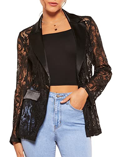 WDIRARA Women's Floral Lace Mesh One Button Lapel Neck Long Sleeve Elegant Jacket Blazer Black Solid 1XL | Amazon (US)