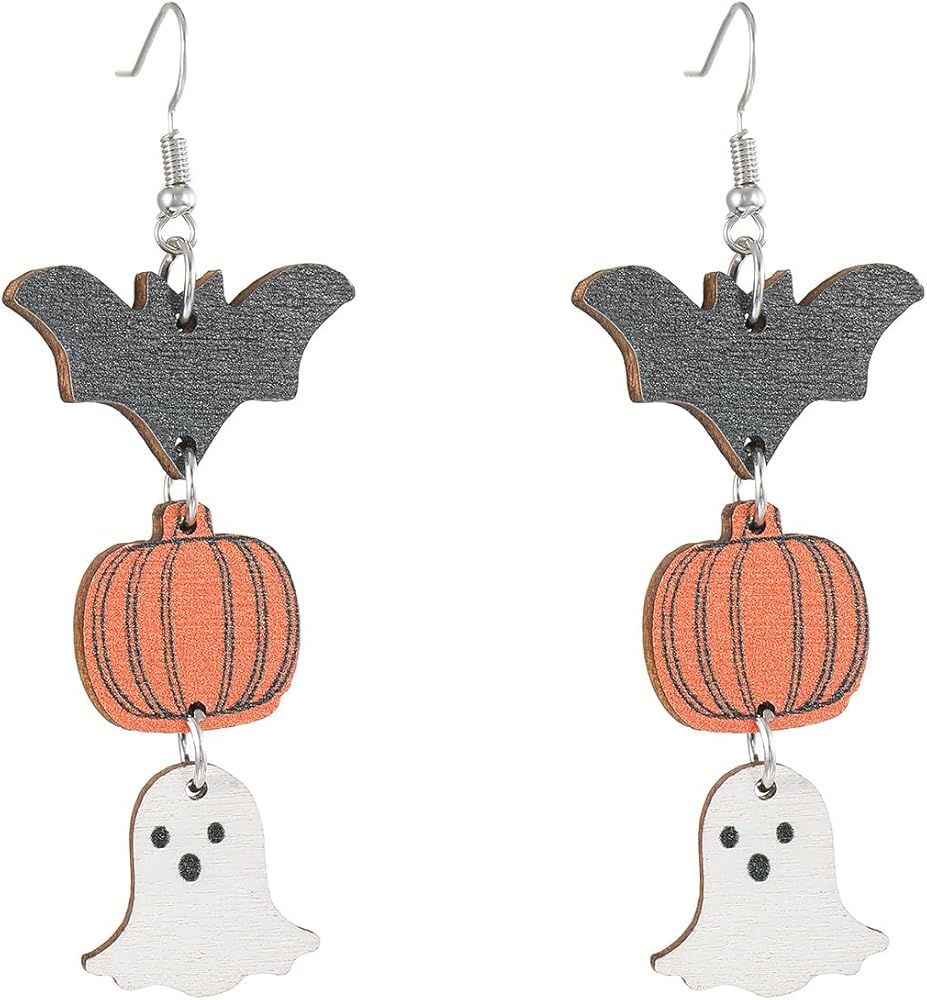 Halloween Earrings Fall Thanksgiving Earrings for Women Pumpkin Bat Earrings Wooden Earrings Fall... | Amazon (US)