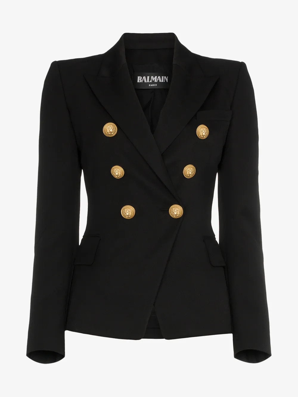 Balmain black double breasted virgin wool blazer | Browns Fashion
