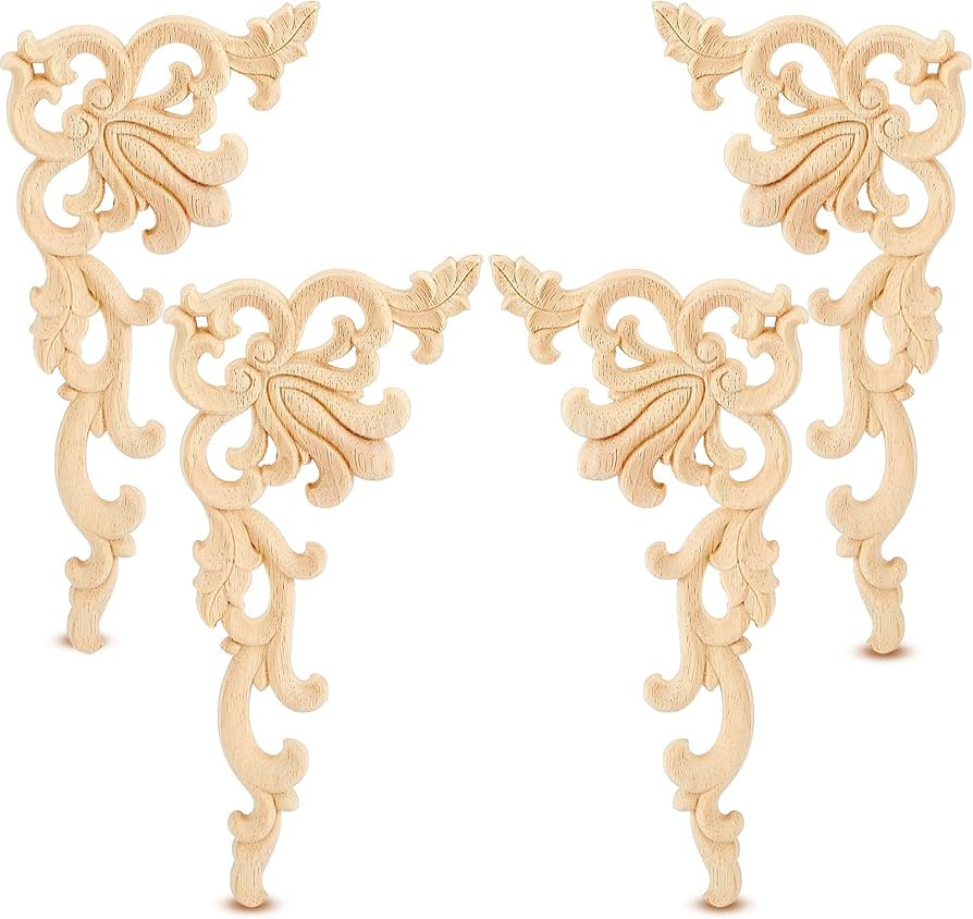 Wood Appliques Onlays Decorative Wooden Applique DIY Wood Appliques and Onlays for Furniture Unpainted Wood Carved Corner Onlay Applique for Cabinet Door Bed Wardrobe Furniture Decoration (4) | Amazon (US)
