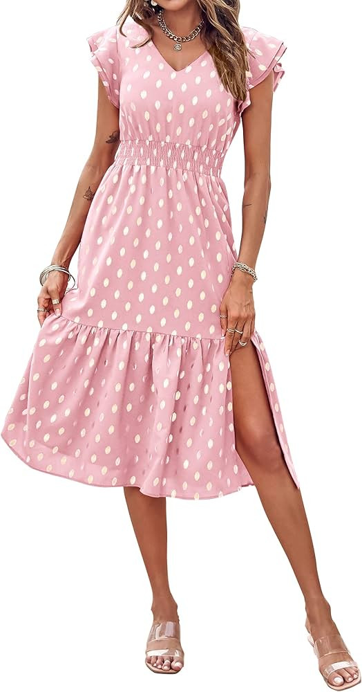 KIRUNDO Women Polka Dot Ruffle Sleeveless V Neck Flowy Midi Elegant Split A Line Beach Party Cock... | Amazon (US)