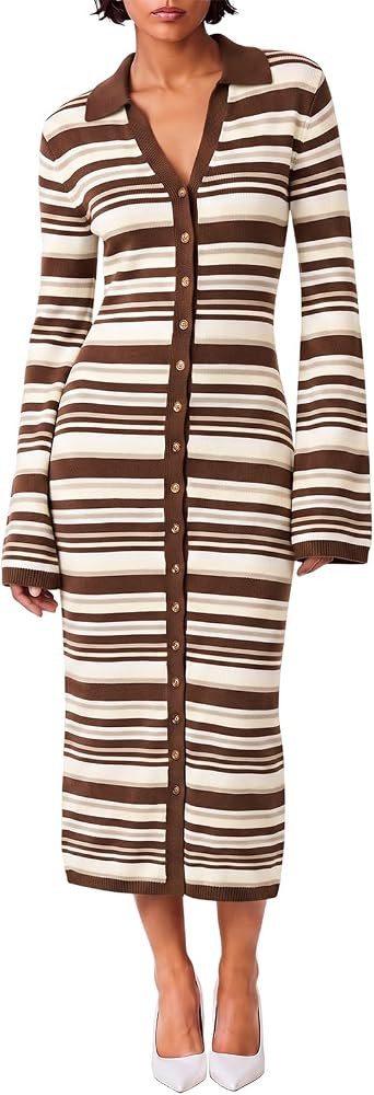 Wenrine Womens Long Cardigan Sweater Dress Striped Button Down Midi Dresses | Amazon (US)