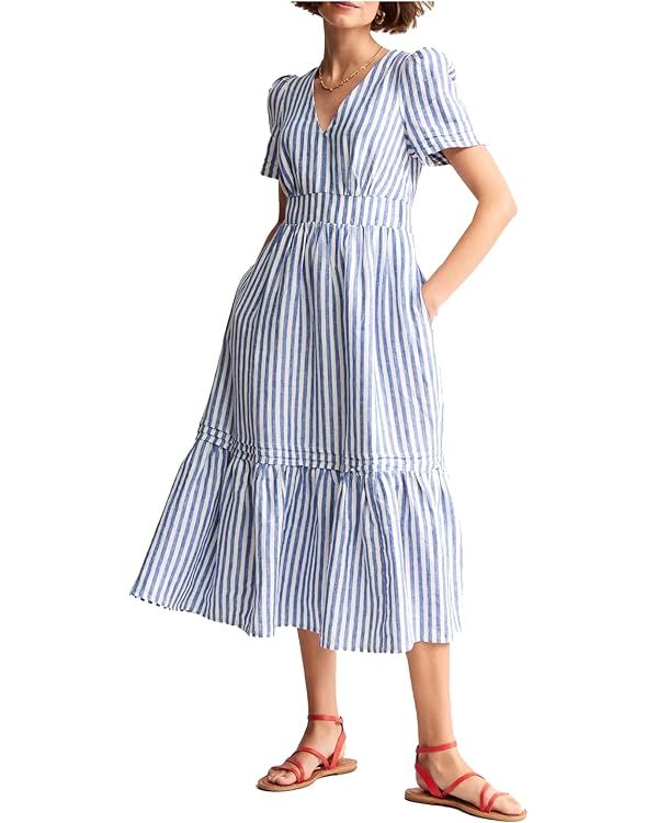 Women's Striped Cotton Linen Midi Dress V Neck Elastic Waist A Line Dress Casual Flowy Ruffle Dre... | Amazon (US)